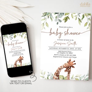 EDITABLE Giraffe Baby Shower Invitation, Tropical Jungle Animal Baby Shower Invite, Minimalist Greenery Baby Sprinkle Neutral Invite, BS213