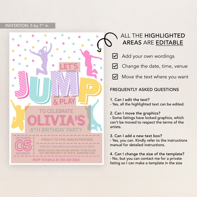Puede incluir: Una colorida invitaci&oacute;n para el 8&ordm; cumplea&ntilde;os de Olivia, de 12,7 cm por 17,8 cm. El dise&ntilde;o presenta las palabras "Let's Jump & Play" con figuras saltando y campos de texto editables para la fecha, hora y lugar. Incluye preguntas frecuentes.