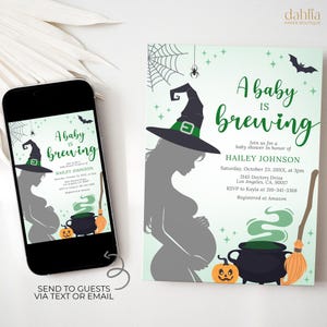 Baby is Brewing Baby Shower Invitation, Editable Halloween Gender Reveal Invitation Template, He Or She, Green Witch Baby Sprinkle, BS269