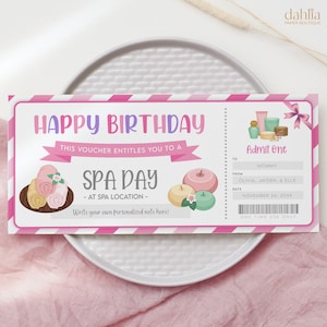 May include: Pink and white striped gift certificate with the text "Happy Birthday" and "This voucher entitles you to a Spa Day". The certificate has a spa-themed design with illustrations of candles, towels, and toiletries.
