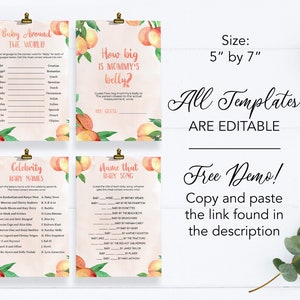 May include: Four printable baby shower game cards with peach and green watercolor illustrations. The games are "Baby Around the World", "How Big is Mommy's Belly?", "Celebrity Baby Names", and "Name That Baby Song". The cards are 5 inches by 7 inches.