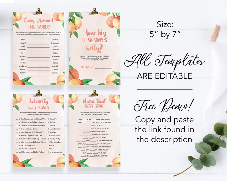 May include: Four printable baby shower game cards with peach and green watercolor illustrations. The games are "Baby Around the World", "How Big is Mommy's Belly?", "Celebrity Baby Names", and "Name That Baby Song". The cards are 5 inches by 7 inches.
