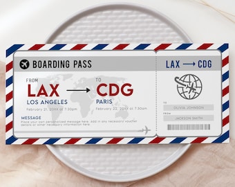 May include: A printable boarding pass template with a red, white, and blue design. The boarding pass is for a flight from LAX to CDG, Los Angeles to Paris. The text on the boarding pass reads "Boarding Pass", "From LAX Los Angeles", "To CDG Paris", "February 21, 20XX at 7:30pm", "February 22, 20XX at 7:30am", "Message", "Place your own personalized message here. Add in any necessary voucher details or other necessary information here."