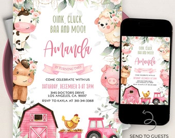 EDITABLE Farm Birthday Invitation, Barn Animals Party Invite Template, Ranch Kids Birthday, Floral Barnyard Animals, Instant Download, KP082