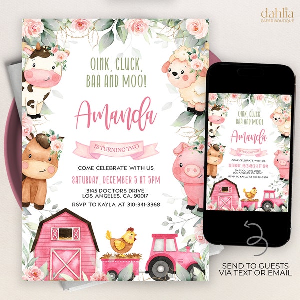 EDITIERBARE Bauernhof Geburtstagseinladung, Scheunentiere Party Einladen Vorlage, Ranch Kinder Geburtstag, Blumen Barnyard Tiere, Sofort Download, KP082