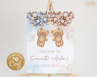 Panneau de bienvenue MODIFIABLE avec les ours en peluche, modèle de décoration de fête pour bébé garçon ou fille, lui ou elle, aquarelle bohème ours avec ballons, GR025