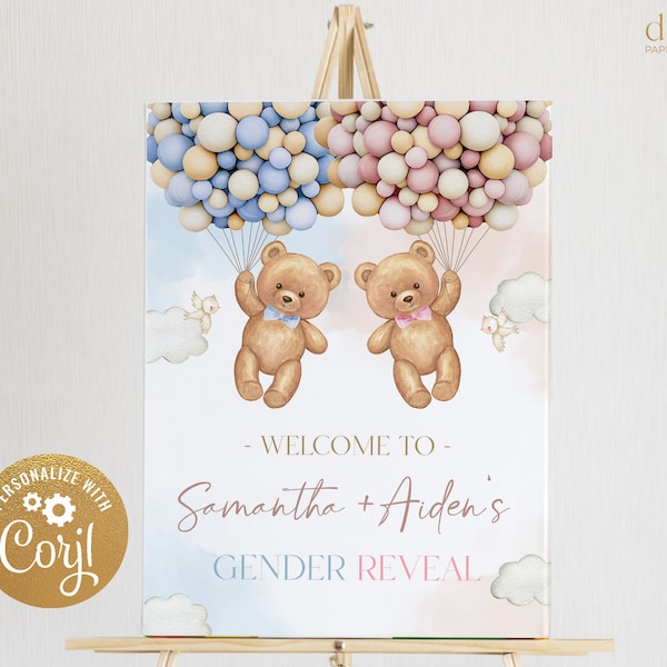 EDITABLE Teddy Bears Gender Reveal Welcome Sign, Baby Boy Or Girl Party Decor Template, He Or She, Boho Watercolor Bear with Balloons, GR025