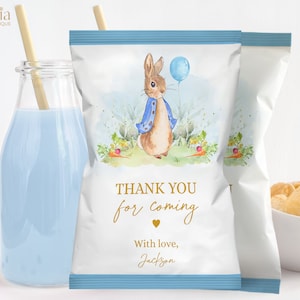 Modello etichetta borsa chip Peter Rabbit, involucro di patatine modificabile, favore di partito coniglietto rustico, coniglietto flopsy blu, compleanno di Peter Rabbit, KP059