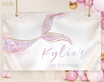 Mermaid Birthday Backdrop, EDITABLE Under The Sea Party Banner Template, Magical Boho Pink Mermaid Party Decor, Girl Birthday Party, KP184
