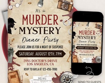 May include: A vintage-style invitation for a murder mystery dinner party. The invitation features a brown background with red blood splatters, a detective silhouette, and various detective-themed icons. The text reads "It's a Murder Mystery Dinner Party" and includes the date, time, and location of the event. The invitation also includes a phone number to RSVP.