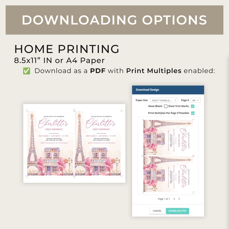 May include: A screenshot of a computer screen showing a printable invitation design for a first birthday party. The invitation features a pink and white watercolor illustration of the Eiffel Tower and a Parisian cafe. The text on the invitation reads "Charlotte's First Birthday". The screen also shows options for printing the invitation, including paper size, bleed, trim marks, and print multiples per page.
