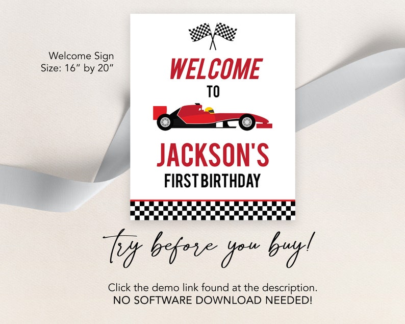 May include: A welcome sign for a first birthday party with a red race car and checkered flag design. The sign says "Welcome to Jackson's First Birthday".