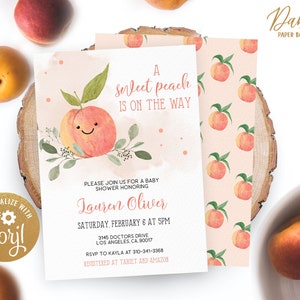 Süße Kleine Pfirsich Baby Shower Einladungskarte, Aquarell Pfirsich Baby Shower Einladung, Pfirsich Mädchen Baby Shower Einladung, Peaches, Corjl BS033