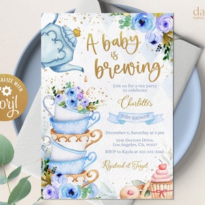 Invitación EDITABLE de baby shower de té, bebé se está preparando, plantilla de invitación de té caprichosa, oro floral y azul, té alto, descarga instantánea, BS131