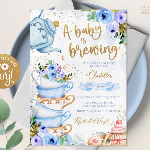 EDITABLE Tea Baby Shower Invitation, Baby is Brewing, Whimsical Tea Invite Template, Floral Gold and Blue, High Tea, Instant Download, BS131