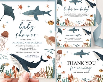 May include: A set of printable baby shower invitations with an ocean theme. The invitations feature illustrations of sea creatures, including a whale, a shark, a stingray, a turtle, and a jellyfish. The text on the invitations reads "Join us for a baby shower in honor of Amanda and Jackson".