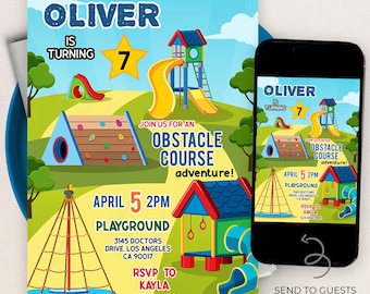 Peut inclure: Une invitation d'anniversaire sur le thème d'un terrain de jeu. L'invitation indique "Oliver a 7 ans" avec un graphisme de terrain de jeu. L'invitation comprend également la date, l'heure, le lieu et les informations de RSVP.