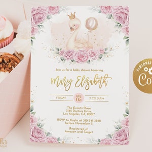 EDITIERBARE Schwanenprinzessin-Baby-Dusche-Einladung, Blumen rosa Baby Sprinkle, elegante Baby-Mädchen-Vorlage, Ballon & Rose, Instant Download BS178
