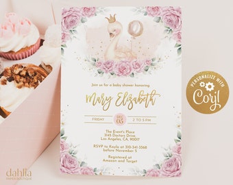 Puede incluir: Una invitación de baby shower rosa y dorada con una ilustración de acuarela de un cisne con una corona y un globo. El texto de la invitación dice "Join us for a baby shower honoring Mary Elizabeth. Friday, December 05, 2 to 5 PM. The Event's Place, 3145 Doctors Drive, Los Angeles, CA, 90017. RSVP to Kayla at 310-341-3368 before November 5. Registered at Amazon and Target."