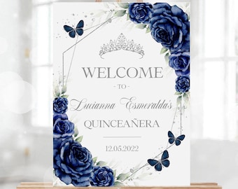 Marinblå och silverfärgad Quinceañera-välkomstskylt, REDIGERINGSBAR fjärilsbanderoll, tonårsflicka Mis Quince Anos-affisch, blommig 15-årsdagsdekoration, Q098