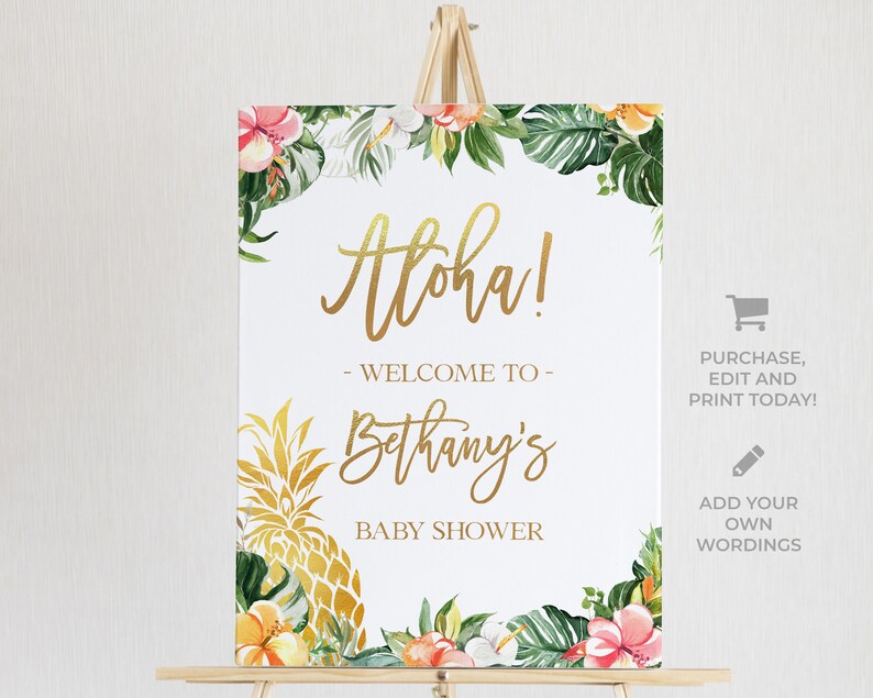 K&ouml;nnte beinhalten: Ein wei&szlig;es Willkommens-Schild mit goldenen Buchstaben, auf dem "Aloha!" und "Willkommen zur Babyparty von Bethany" steht. Das Schild ist mit tropischen Blumen und Bl&auml;ttern verziert.