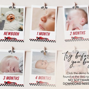 May include: A set of six photo cards with a red race car design. Each card features a baby's photo and a label indicating their age, from newborn to four months. The cards are hung on a string with clothespins.