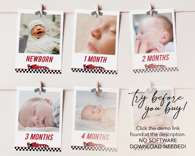 May include: A set of six photo cards with a red race car design. Each card features a baby's photo and a label indicating their age, from newborn to four months. The cards are hung on a string with clothespins.