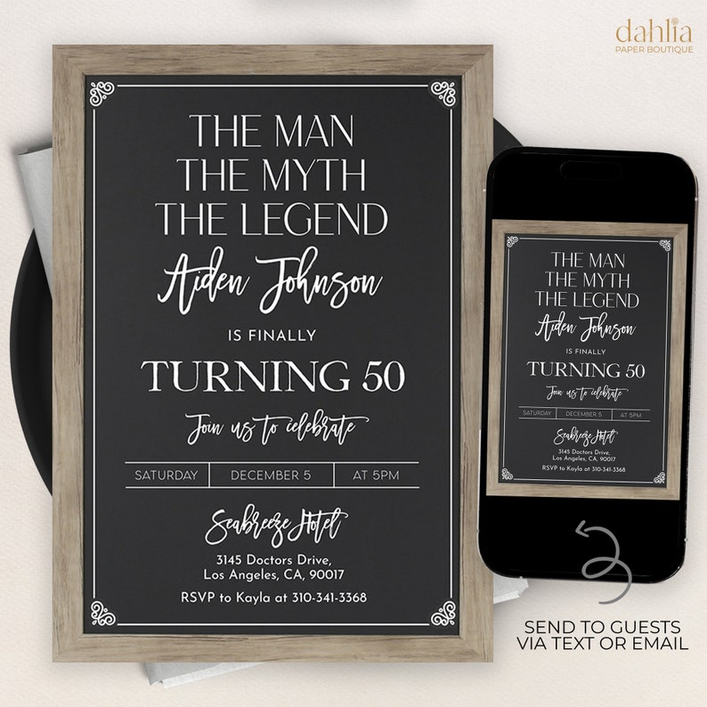 The Man The Myth The Legend Birthday Invitation, Editable Adult Party Invite. Chalkboard, 30th 40th 50th Any Age, Printable Download, AP019 image 3