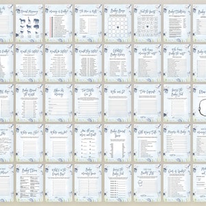 May include: A set of 20 printable baby shower game cards with a blue and white watercolour background featuring sea creatures and bubbles. The games include "Who Knows Mummy Best", "Guess the Baby Food", "Baby Animal Bingo", and more.