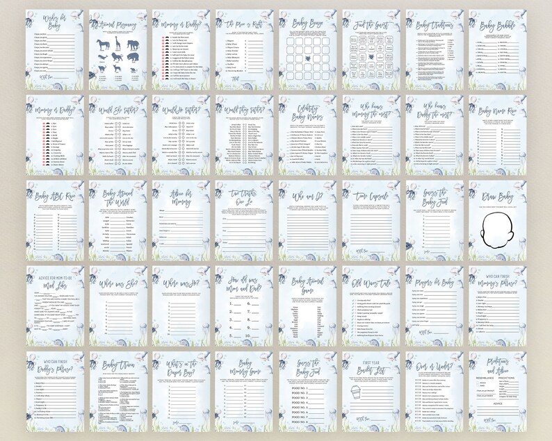 May include: A set of 20 printable baby shower game cards with a blue and white watercolour background featuring sea creatures and bubbles. The games include "Who Knows Mummy Best", "Guess the Baby Food", "Baby Animal Bingo", and more.