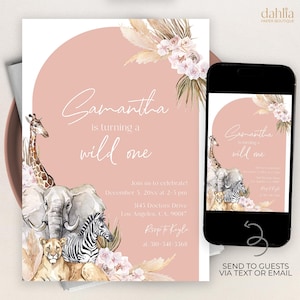 Boho Safari Geburtstagseinladung, bearbeitbare Dschungel Tier Party einladen Vorlage, Blush rosa Kindergeburtstag Dekor, Sofort-Download KP097