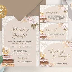 La aventura espera el conjunto de invitaciones para baby shower, plantilla de viaje para bebés, aventura floral, maleta, globo de mapa boho, género neutro BS094