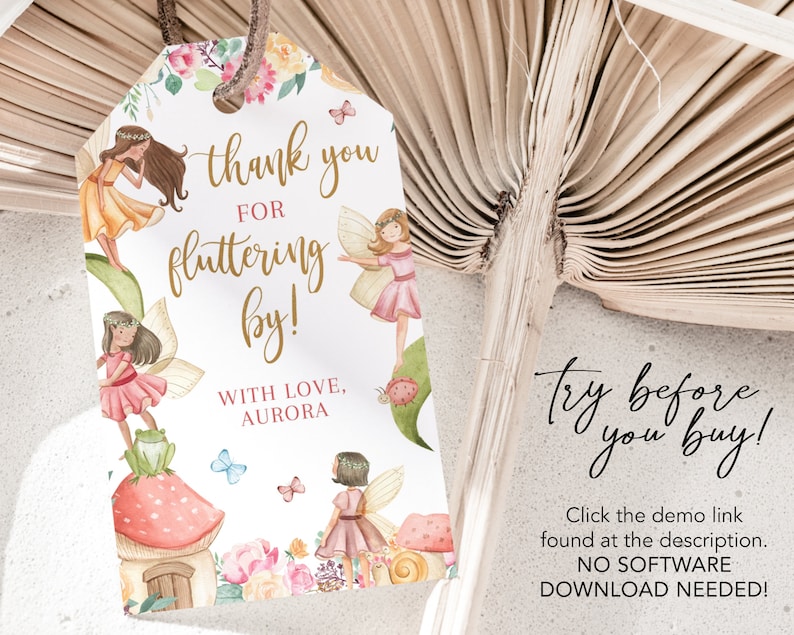 May include: A white thank you tag with a gold glitter font that says "thank you for fluttering by!" with love, Aurora. The tag is decorated with watercolor illustrations of fairies, flowers, mushrooms, and butterflies.