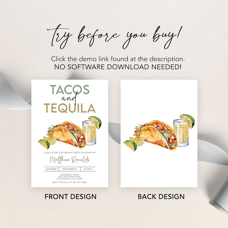 May include: A white invitation design with the text "TACOS and TEQUILA" and watercolor illustrations of tacos, tequila shots, and lime wedges. The front design includes event details. The back design features the same illustrations.