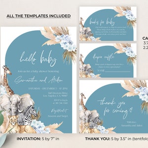 Może przedstawiać: Zestaw zaproszeń na baby shower w niebiesko-białej tonacji. Zaproszenie ma wymiary 12,7 cm na 17,8 cm i zawiera akwarelowe ilustracje zwierząt safari. Dodatkowe karty są dołączone. Zestaw zawiera tekst "hello baby".