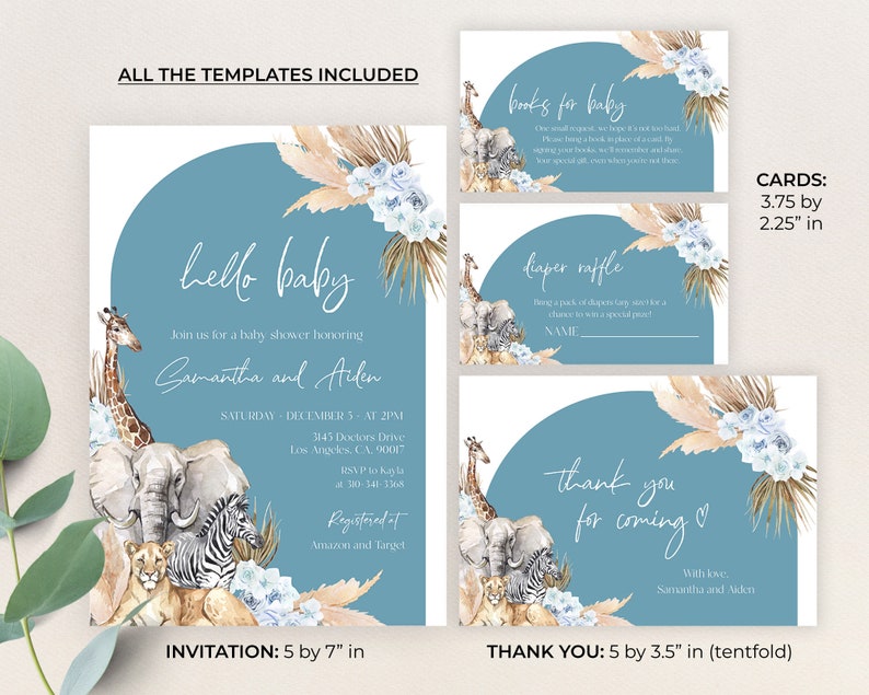 Może przedstawiać: Zestaw zaproszeń na baby shower w niebiesko-białej tonacji. Zaproszenie ma wymiary 12,7 cm na 17,8 cm i zawiera akwarelowe ilustracje zwierząt safari. Dodatkowe karty są dołączone. Zestaw zawiera tekst "hello baby".