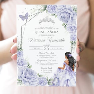 Invitación de Quinceañera Lila Púrpura y Plata, Plantilla EDITABLE de Fiesta de Cumpleaños 15, Tiara Mis Quince Anos Lavanda, Descarga Instantánea Q102