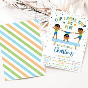 Puede incluir: Una invitaci&oacute;n azul y verde con lunares blancos para la fiesta de cumplea&ntilde;os n&uacute;mero 8 de un ni&ntilde;o. La invitaci&oacute;n dice "Flip, Tumble, Jump and Play" con una imagen de tres ni&ntilde;os haciendo gimnasia. La invitaci&oacute;n es para la fiesta de cumplea&ntilde;os n&uacute;mero 8 de Charlie en el Gymnast Park el 5 de diciembre a las 5 pm. RSVP a Kayla al 310-341-3368.