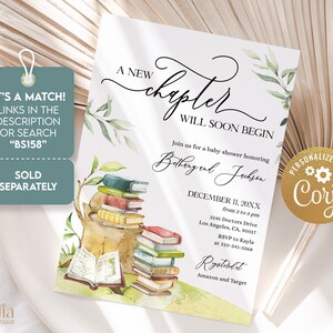 May include: A baby shower invitation with a watercolor illustration of a stack of books, a book open on a tree stump, and green leaves. The text reads "A new chapter will soon begin" and "Join us for a baby shower honoring Bethany and Jackson".