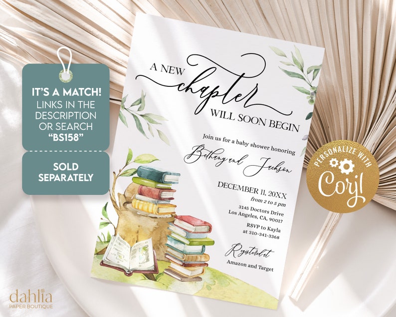 May include: A baby shower invitation with a watercolor illustration of a stack of books, a book open on a tree stump, and green leaves. The text reads "A new chapter will soon begin" and "Join us for a baby shower honoring Bethany and Jackson".