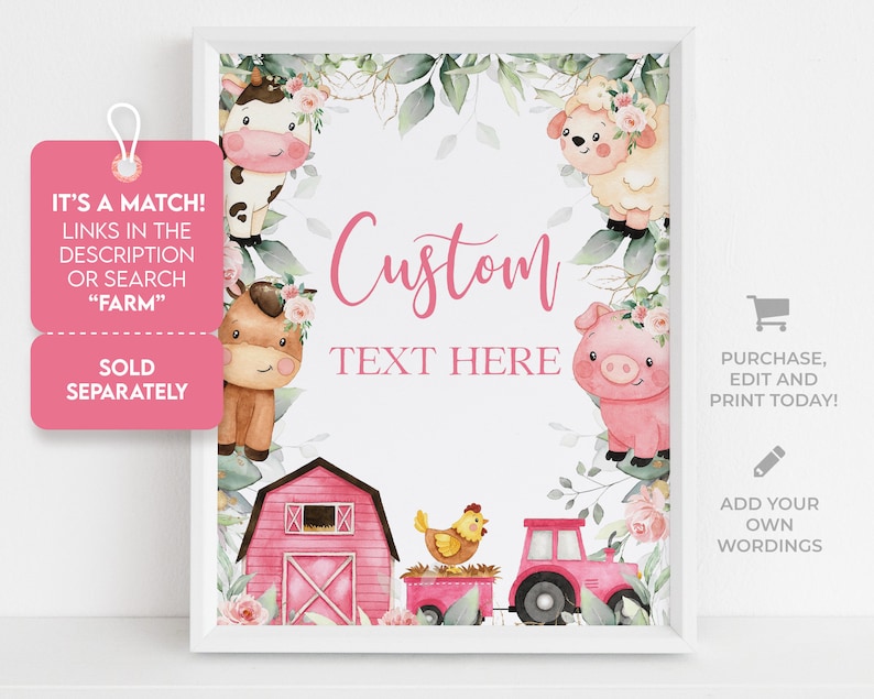 Op de afbeelding: Een printbaar roze en groen boerderijthema bord met een schuur, tractor, dieren en bloemen. De tekst zegt "Custom Text Here".