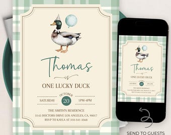 May include: A green and white plaid invitation with a watercolor illustration of a duck wearing a party hat and holding a blue balloon. The text on the invitation reads "Thomas is One Lucky Duck" and includes details for a birthday party.