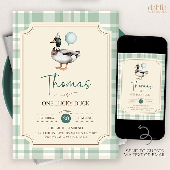 One Lucky Duck Birthday Invitation, Editable Mallard Duck Hunting Party Template, Neutral Kids First Birthday Invite, Instant Download KP508