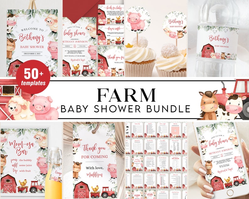 Farm Baby Shower Bundle EDITABLE Barn Animals Baby Shower