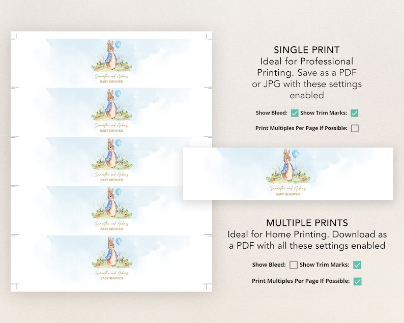 May include: Printable baby shower water bottle labels featuring a blue watercolour illustration of Peter Rabbit holding a blue balloon. The labels say "Samantha and Peter Baby Shower".