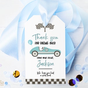 Obrigado por ter vindo etiqueta de presente, primeiro aniversário de carro de corrida azul editável, lembrancinha de festa de carro de corrida imprimível, modelo de etiqueta de pista infantil, KP139