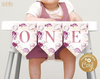 Under the Sea 1st Birthday High Chair Banner, Editable Sea Animal Banner Template, Nautical Pink Girl Ocean First Birthday, Instant Download
