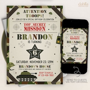 Faire-part d'anniversaire de l'armée de terre, invitation à une fête militaire MODIFIABLE, anniversaire de garçon soldat, invitation à un message des troupes de l'attention, téléchargement immédiat, KP304