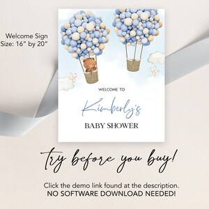 K&ouml;nnte beinhalten: Ein Willkommenszeichen f&uuml;r eine Babyparty mit einem blauen und wei&szlig;en Ballon-Thema. Das Schild lautet "Willkommen zu Kimberly's Babyparty".