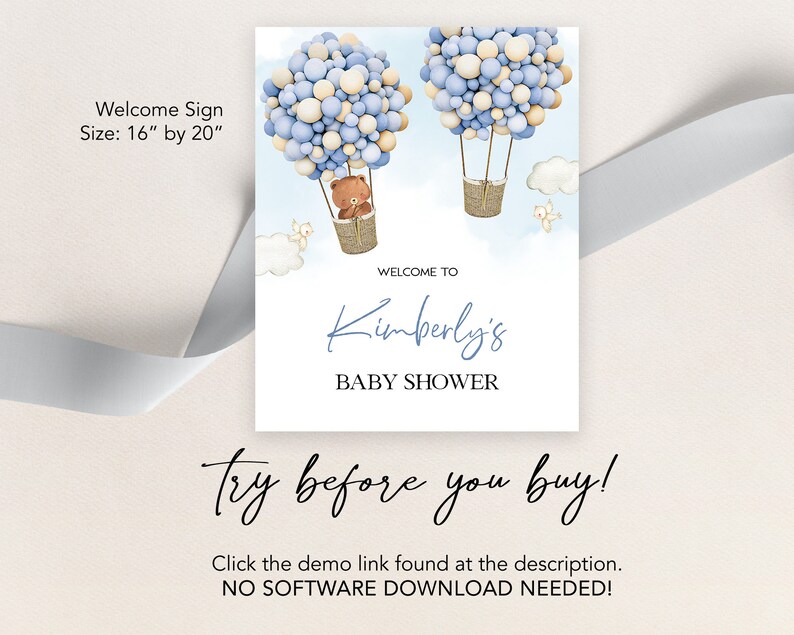 K&ouml;nnte beinhalten: Ein Willkommenszeichen f&uuml;r eine Babyparty mit einem blauen und wei&szlig;en Ballon-Thema. Das Schild lautet "Willkommen zu Kimberly's Babyparty".